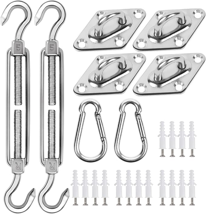 YOFIT 40 Pcs Shade Sail Hardware Kit, 5 Inch Outdoor Sun Sail Accessories, 304 Stainless Steel Turnbuckles & Brackets for Triangle/Rectangle Sails, Patio Canopy Installation Hardware Set Waterproof