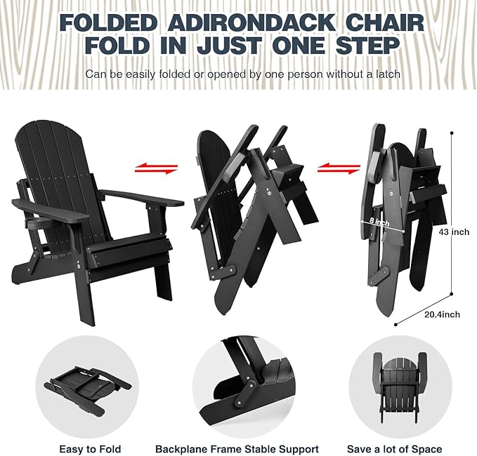 Folding Adirondack Chair, All Weather Resistant Plastic Chairs with Cup Holder, Fold or Unfold Easily in 1 Second, Outdoor Chairs for Patio, Garden, Backyard Deck, Lawn Fire Pit(Black)