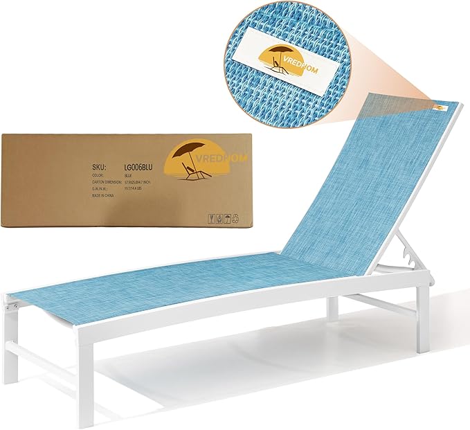 Patio Aluminum Chaise Lounge Chair, Outdoor Recliner Lounge Chair Sun Loungers, All Weather Chaise with 5 Adjustable Backrest and Lay Flat Positions for Garden, Balcony, Pool