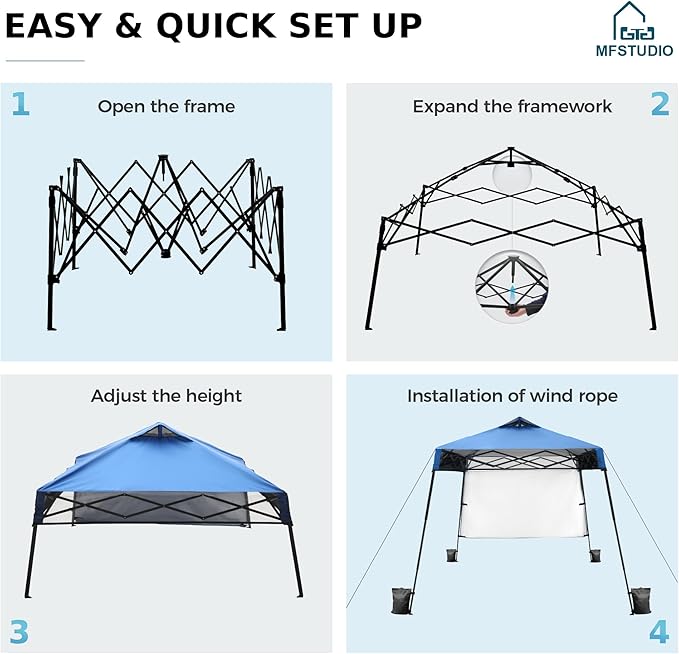 MFSTUDIO Pop Up Canopy Tent, 8x8ft Footprint and 6x6 ft at top, Gazebo Shelter Sun Shade Canopies with 1 Sidewall Waterproof Patio Portable Popup Outdoor Tents for Beach,Parties,Camping