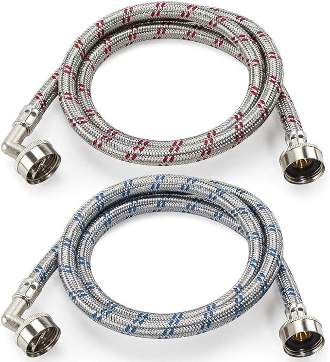 Cenipar Washing Machine Hoses 6 feet Premium Stainless Steel with 90 Degree Elbow, Burst Proof (cost-effective 2 pack) Red and Blue Striped Water Connection Inlet Supply Lines