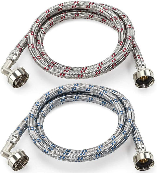 Cenipar Washing Machine Hoses 6 feet Premium Stainless Steel with 90 Degree Elbow, Burst Proof (cost-effective 2 pack) Red and Blue Striped Water Connection Inlet Supply Lines