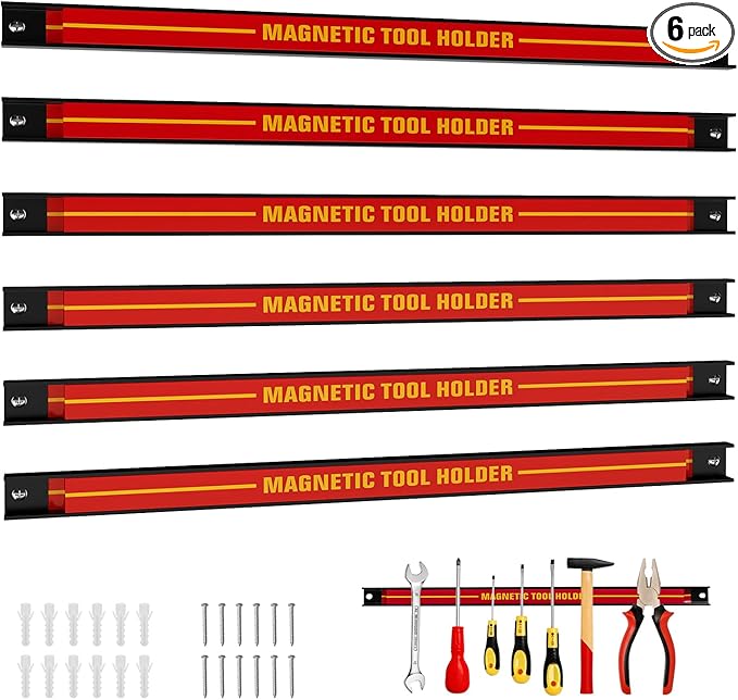 18" Magnetic Tool Holder Strip, 6 Pack Magnet Bar with Mounting Screws, Heavy Duty Magnetic Strips Tool Organizer for Garage Shop Workbench Kitchen Organization (Red)