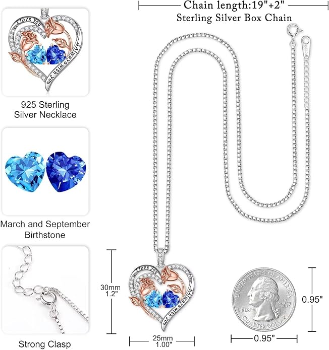 Iefil Christmas Gifts for Women Wife - 925 Sterling Silver Rose Heart Birthstone Necklace Birthday Anniversary Jewelry Gifts for Her Wife Mom Daughter