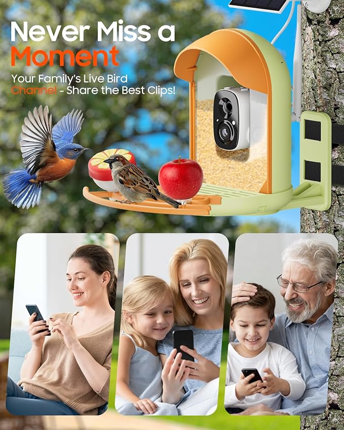 Bird Feeder with Camera, Smart Birdfeeder with Cam Solar Powered, 2K HD Video, AI Identification, Instant Arrival Alerts, IP66 Bird Bath & Feeder,Gift for BirdLover (with Stand, Green)