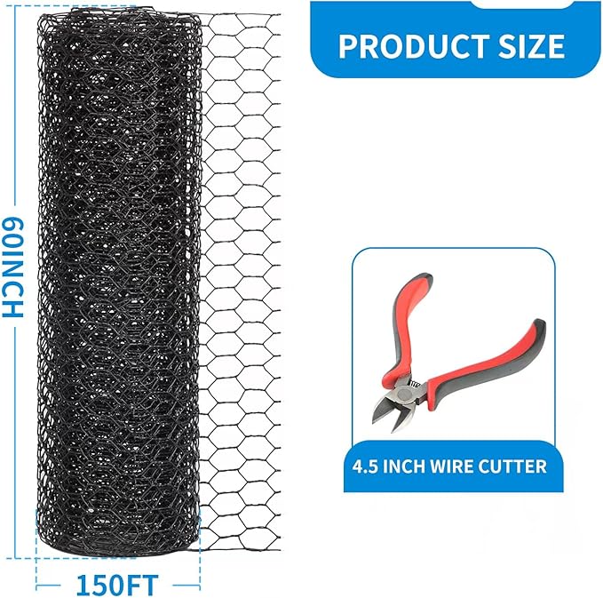 60'' x 150' Black Chicken Wire Mesh Fence, 20 Gauge Galvanized Poultry Netting and 1 inch Garden Mesh Fence Roll, Chicken Wire for Floral Arrangements/Crafts/Farm/Livestock/Pet Protection