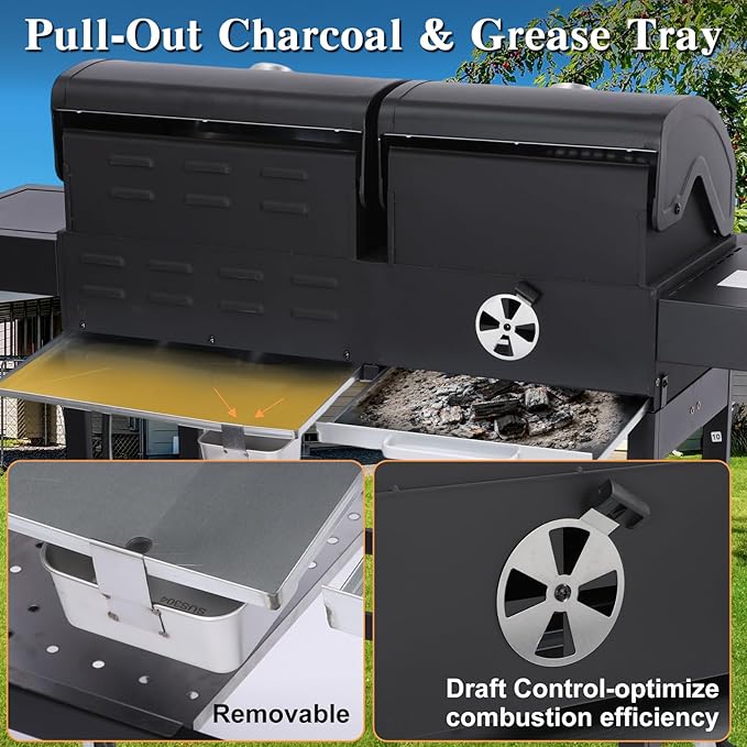 CIG GARDEN Gas and Charcoal Combo Grill, 3 Burner Propane Gas Grill with Side Burner, Cast Iron Grates Outdoor Barbecue Grill with 41,500 BTU Output, Perfect for Outdoor Cooking, Balcony, Camping