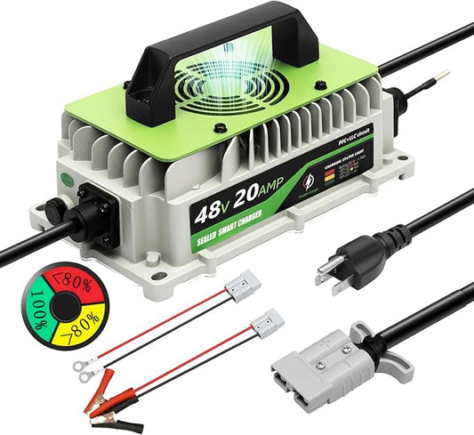 20 AMP 48 Volt Golf Cart Battery Charger 48V Lithium Battery Charger LiFePO4 Charger for Club Cars RVs Boats Cars Forklift Truck 1000W IP65 Waterproof with Cooling Fan 2 Connectors