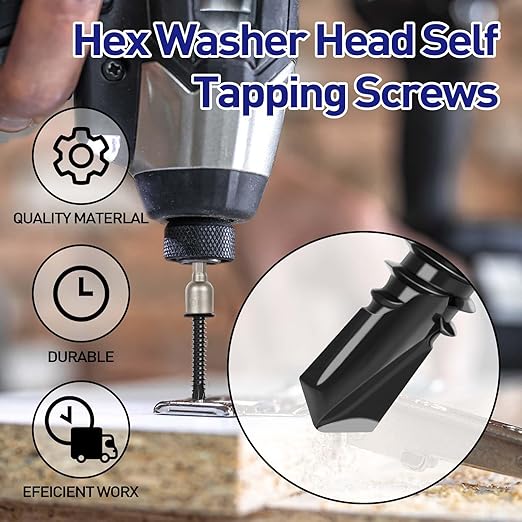 #8 x 1-1/4" Hex Washer Head Self Tapping Screws, TEK Screws, Self Drilling, Stainless Steel 410 Sheet Metal Screws, Black Finish, 100 PCS