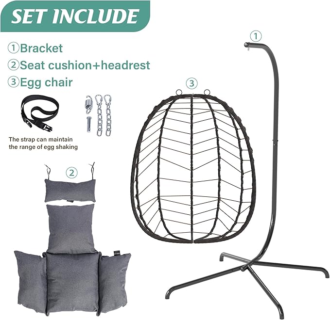 Hanging Egg Chair with Stand, Swinging Egg Chair Outdoor Indoor, Hanging Basket Chair with Cushion, Patio Wicker Hammock Chair 350lbs Capacity for Bedroom, Porch, Balcony, Backyard, Garden (Grey)