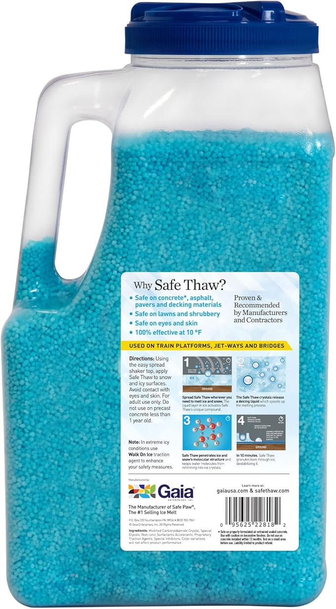 Safe Thaw Ice Melt - 100% Salt-Free, Pet & Concrete Safe, Industrial Strength, Chloride-Free, Fast-Acting Snow & Ice Melter with Traction Agent - Use on Asphalt, Roofs & All Surfaces, 10 lbs Jug