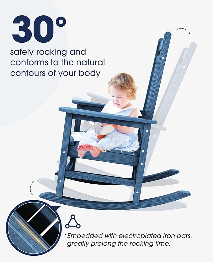 KINGYES Outdoor Rocking Chair Set of 2, All-Weather Patio Rocking Chairs for Porch, HDPE Rocking Outdoor Chairs with High Back for Adult, Heavy Duty Outdoor Patio Rockers for Garden, Lawn, Blue