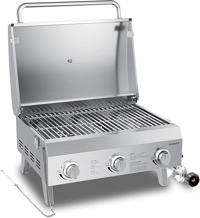 Tabletop Gas Grill, 22" 3-Burner Portable Propane BBQ Grill, 30,000 BTUs Stainless Steel Grill with Foldable Legs for Camping, Patio, Backyard, Tailgate, and Holiday Gatherings