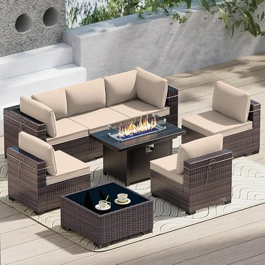 Outdoor Terrace Furniture Set, 8 Piece Outdoor Furniture Set, with 43 inch Aluminum 55001 BTU Propane fire Pit, PE Willow Vine Terrace Dialogue Set - Brown.