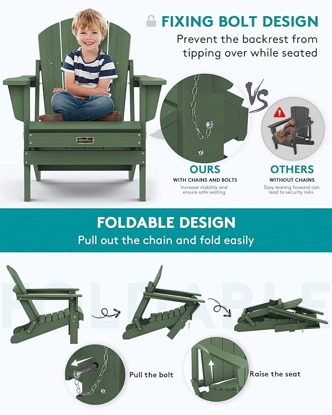 SERWALL Folding Adirondack Chair for Patio Garden, All-Weather Outdoors Chairs, Wooden Textured Fire Pit Chairs for Poolside, Backyard, Lawn - Army