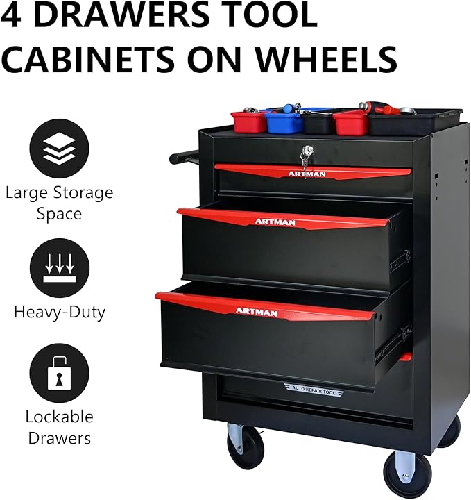 4 Drawers Tool Cart on Wheels, Multifunctional Rolling Tool Storage Chest, Drawers Rolling Trolley Organizer Tool Box for Warehouse, Garage, Workshop, Repair Shop (4 Drawers-30.5" H)