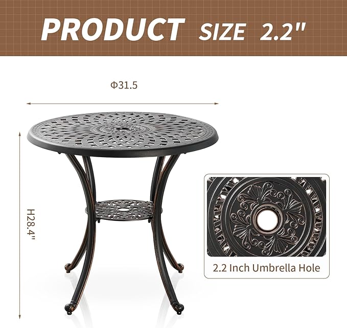 3 Piece Outdoor Dining Set,Cast Aluminum Bistro Set with Umbrella Hole, All Weather Patio Furniture Set, Small Patio Dining Set for Garden/Balcony/Deck Bronze (Flower Backrest)