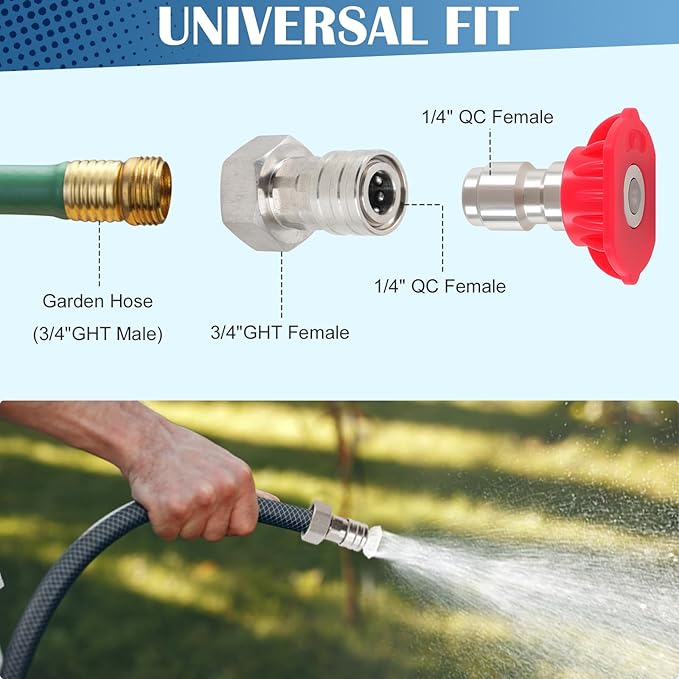 2 Pcs Garden Hose Quick Connect with Pressure Washer Nozzle Tips – Converts 3/4" GHT to 1/4" Quick Connect, Leak-Proof & Durable for Easy Watering Flowers and Plants or Outdoor Cleaning