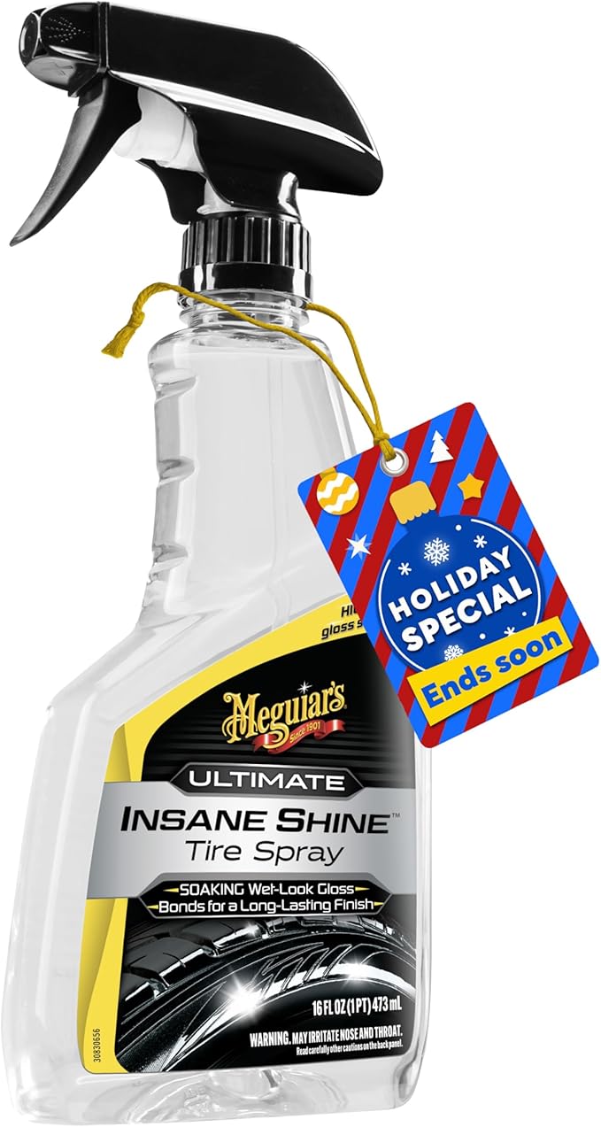 Meguiar's Ultimate Insane Shine Tire Spray - Premium Tire Dressing that Delivers a Lasting High Gloss Wet Look and is Easy to Use; Advanced Tire Shine that Bonds for a Long-Lasting Finish, 16 Oz Spray