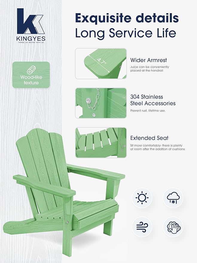 KINGYES Folding Adirondack Chair Set of 8, HDPE All-Weather Folding Adirondack Chair, Light Green