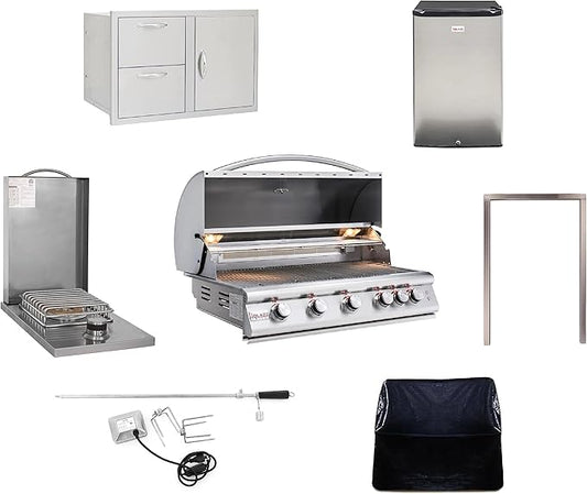 BLAZE BBQ Outdoor Package 9 of 40” LTE Built-in Natural Gas Grill, Single Side Burner, 32” Door & Two Drawers Combo, Compact Refrigerator, Grill Cover, Fridge Trim, Rotisserie Kit and Accessories