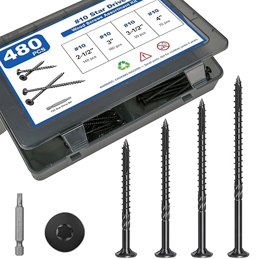 480Pcs Deck Screws, #10 Wood Screws Assortment Kit, 4Sizes Assorted Screw Set, Rust Resistant Torx Screws with Flat Head, Black Screw Kit for Woodworking Projects, Star Bit Included
