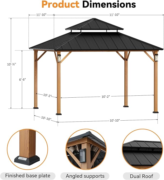 Modern Shade The Horizon Hardtop Gazebo 12' x 12' with 4 LED Lights, Permanent Outdoor Gazebo with Galvanized Steel Double Roof, Grill Pavilion with Decor Hooks, Mosquito Nettings, Wood Grain