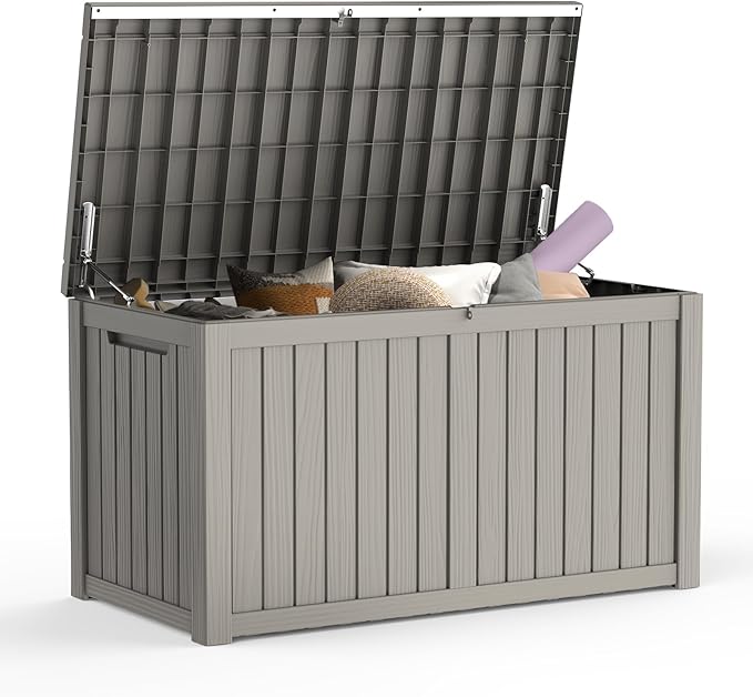 Mars Villa 180 Gallon Outdoor Storage Box, Large Waterproof Resin Deck Box for Patio Furniture Cushions, Pool Supplies, Gardening Tools, Lockable, Weatherproof and UV Resistant, Light Brown