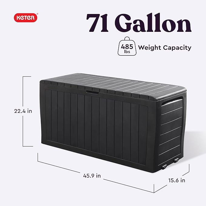 Keter Marvel Plus 71 Gallon Resin Deck Box-Organization and Storage for Patio Furniture Outdoor Cushions, Throw Pillows, Garden Tools and Pool Toys, Dark Grey