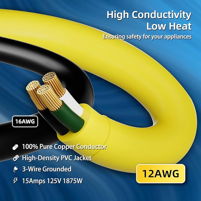 12 Gauge Outdoor Extension Cord 100 FT Waterproof, 3 Prong Plug, SJTW Heavy Duty 15A 1875W, Yellow Extension Cable with Lighted end for Commercial Use and Major Appliances, ETL Listed