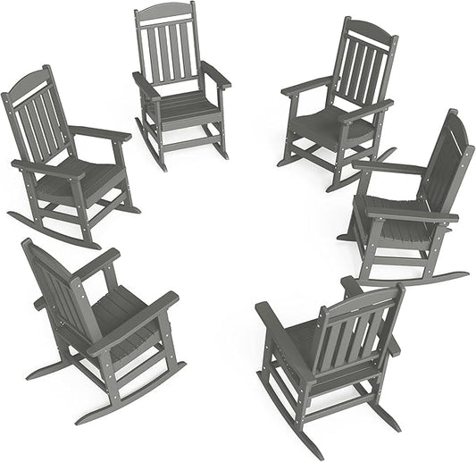 FOOWIN Outdoor Rocking Chair Set of 6, High Back Patio Rocking Chair, HDPE All Weather Resistant Porch Rocker for Adult, Oversized Rocking Chairs for Garden, Lawn, Indoor & Outdoor Use, Grey