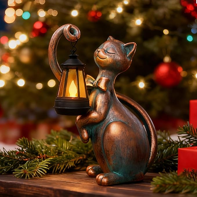 WHIMSYNOOK 10.7" Bronze Cat Solar Garden Statue Light – Cute Kitty Design, Bronze Finish, Solar-Powered LED, Outdoor Yard & Lawn Décor, for Cat Lovers, Mom, and Garden Enthusiasts