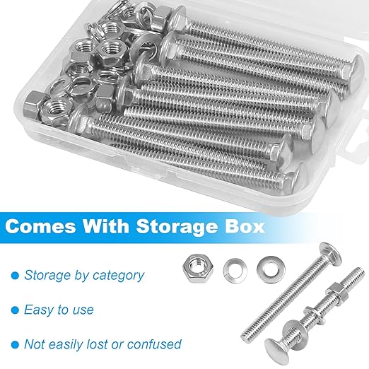 Yinpecly 10 Sets 5/16-18 x 3" Carriage Bolts Screws, 304 Stainless Steel Round Head Square Neck Carriage Bolts and Nuts Kit, with Flat & Lock Washers, Full Thread Coverage