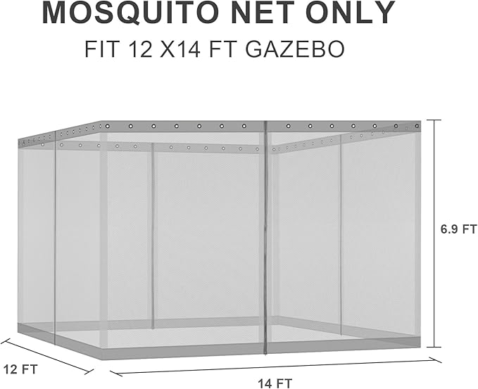 BPS 12' x 14' Gazebo Universal Mosquito Netting Screen Replacement, 4-Panel Screen Walls with Double Zippers for Outdoor Patio, Gray (Mosquito Net Only)