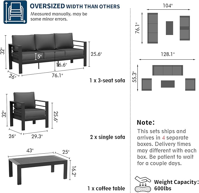 UDPATIO 6 Piece Aluminum Patio Furniture Set, Oversized Modern Outdoor Furniture Set with Olefin Fabric Cushion for Patio Deck Backyard, Dark Grey(with Waterproof Covers)