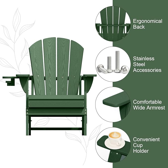 Folding Adirondack Chair, HDPE All-Weather Patio Chairs for Outdoor, Patio, Lawn, Garden, Backyard Deck, Fire Pit - Dark Green