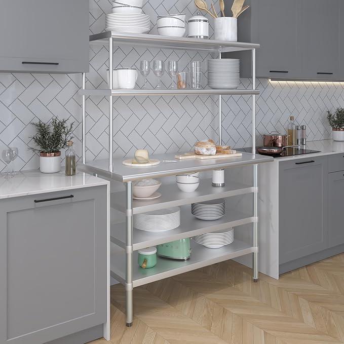 Amgood 24" x 48 Stainless Steel Work Table with 3 Shelves and 18" Wide Double Tier Overshelf | Metal Kitchen Prep Table & Shelving Combo | NSF