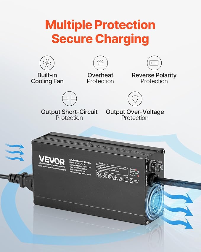VEVOR 12V 10A Lithium Battery Charger, 14.6V, AC-DC LiFePO4 Smart Charger, with Anderson Connector, LED Indicator, 0V Activation, for Lithium LiFePO4 Deep Cycle Rechargeable Batteries of Boat, RV