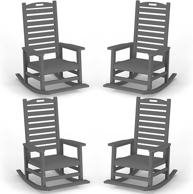 Outdoor Rocking Chair Set of 4 with Removable Footboard for Adults, HDPE High Back Patio Rocking Chairs, 330lbs All Weather Porch Rocking Chairs for Outdoor & Indoor -Grey