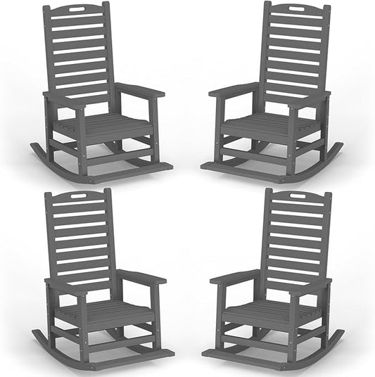 Outdoor Rocking Chair Set of 4 with Removable Footboard for Adults, HDPE High Back Patio Rocking Chairs, 330lbs All Weather Porch Rocking Chairs for Outdoor & Indoor -Grey