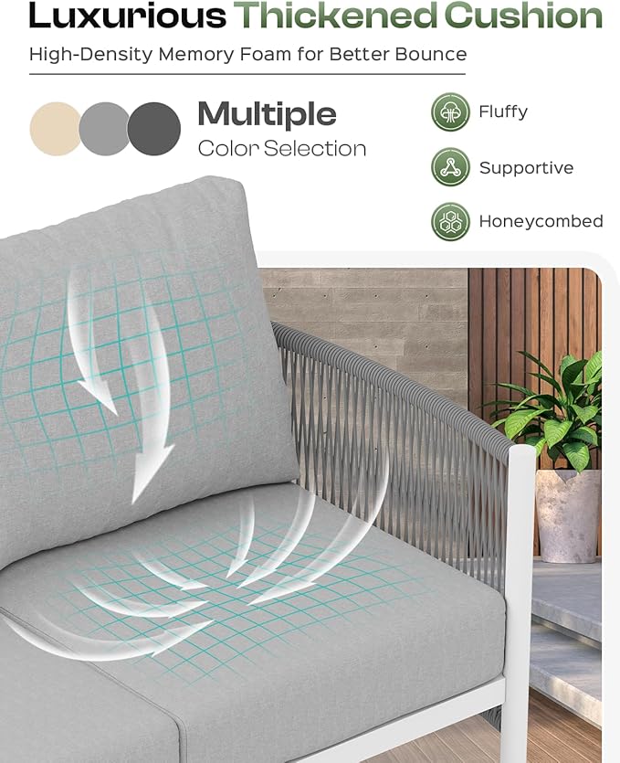 Aluminum Outdoor Sofa Armchair, HDPE Rope Patio Couch with Washable Thick Cushion, All-Weather Outdoor Patio Chairs Set of 2 for Balcony, Yard, White Frame, White