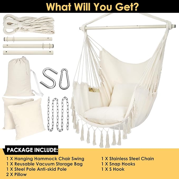 Y- STOP Hammock Chair Hanging Rope Swing, Max 500 Lbs, 2 Cushions Included, Large Macrame Hanging Chair with Pocket for Superior Comfort, with Hardware Kit (Beige)