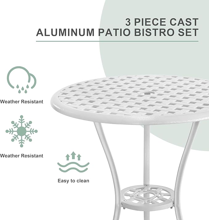 3 Piece Patio Bistro Set, Outdoor Cast Aluminum Bistro Table and Chairs Set of 2 with Umbrella Hole, All Weather Resistance Metal Bistro Table for Front Porch Set,White