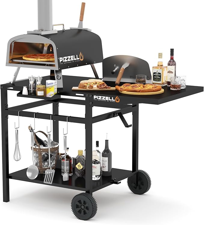 PIZZELLO Outdoor Grill Table 44" x 26" Movable Pizza Oven Stand Foldable Double-Shelf Grill Cart Fit for 12/16inch Oven Ooni Ninja Woodfire Blackstone