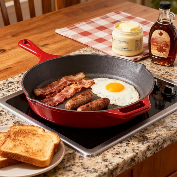 Commercial Grade, Cast Iron Enameled Cookware (Dark Red, Skillet 12”)