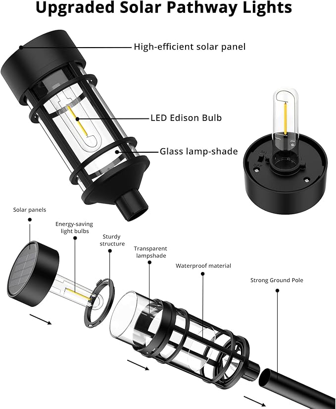 8 Pack Solar Pathway Lights Outdoor, Waterproof Solar Lights Outdoor with Metal & Glass - Auto On/Off, Long-Lasting, Landscape Lighting Garden Decor for Yard, Lawn, Driveway, Walkway