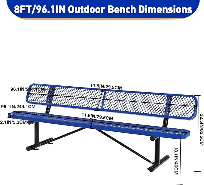 Heavy Duty Park Bench with Back Portable Frame, Outdoor Metal Park Bench with Backrest, Steel Mesh Outdoor Bench for Garden, Lawn, Patio, Porch, Park, Yard (Blue, 94.1" D x 23.2" W x 32.5" H)