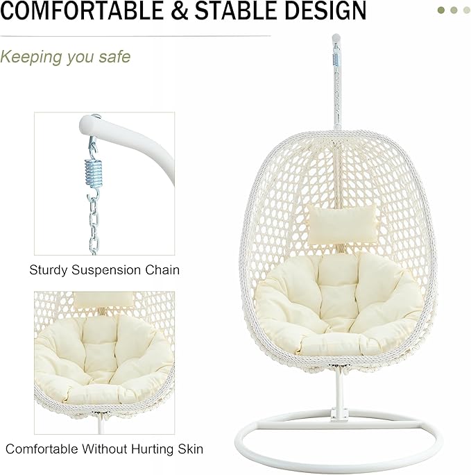 Hanging Egg Chair with Stand, Egg Swing Chair with Stand Indoor Outdoor, White Wicker Swing Egg Chair for Adults, Hammock Chair with Comfortable Cushion and Stable Round Metal Base for Bedroom Patio