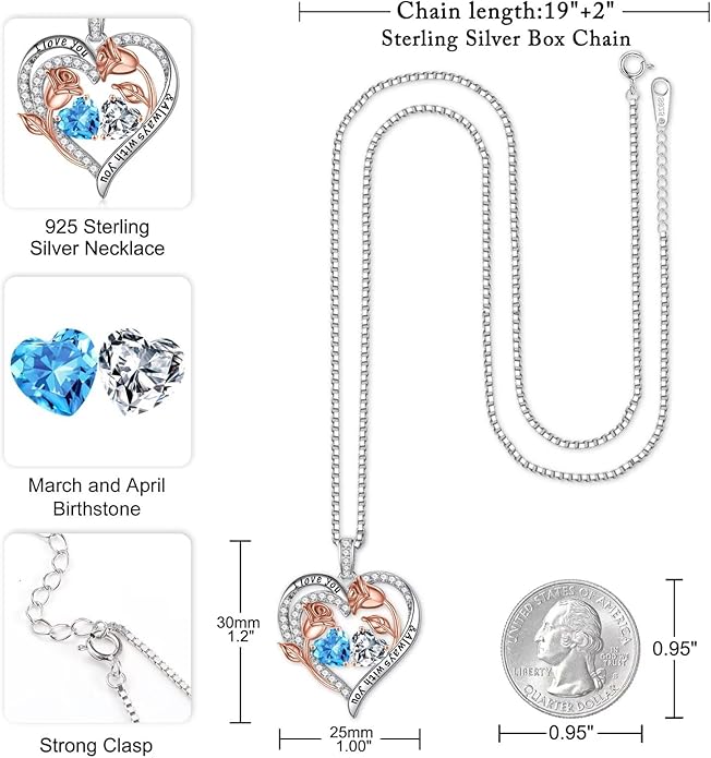 Iefil Christmas Gifts for Women Wife - 925 Sterling Silver Rose Heart Birthstone Necklace Birthday Anniversary Jewelry Gifts for Her Wife Mom Daughter