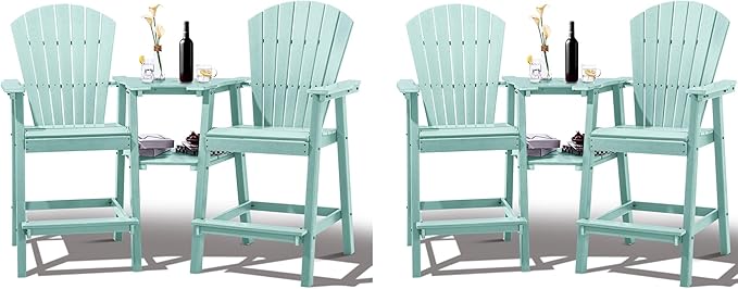 FOOWIN Tall Adirondack Chair Set of 4, All Weather HDPE Bar Height Adirondack Chair with Double Connecting Trays, Adirondack Barstools for Balcony, Deck, Backyard, Patio, Garden Aruban Blue